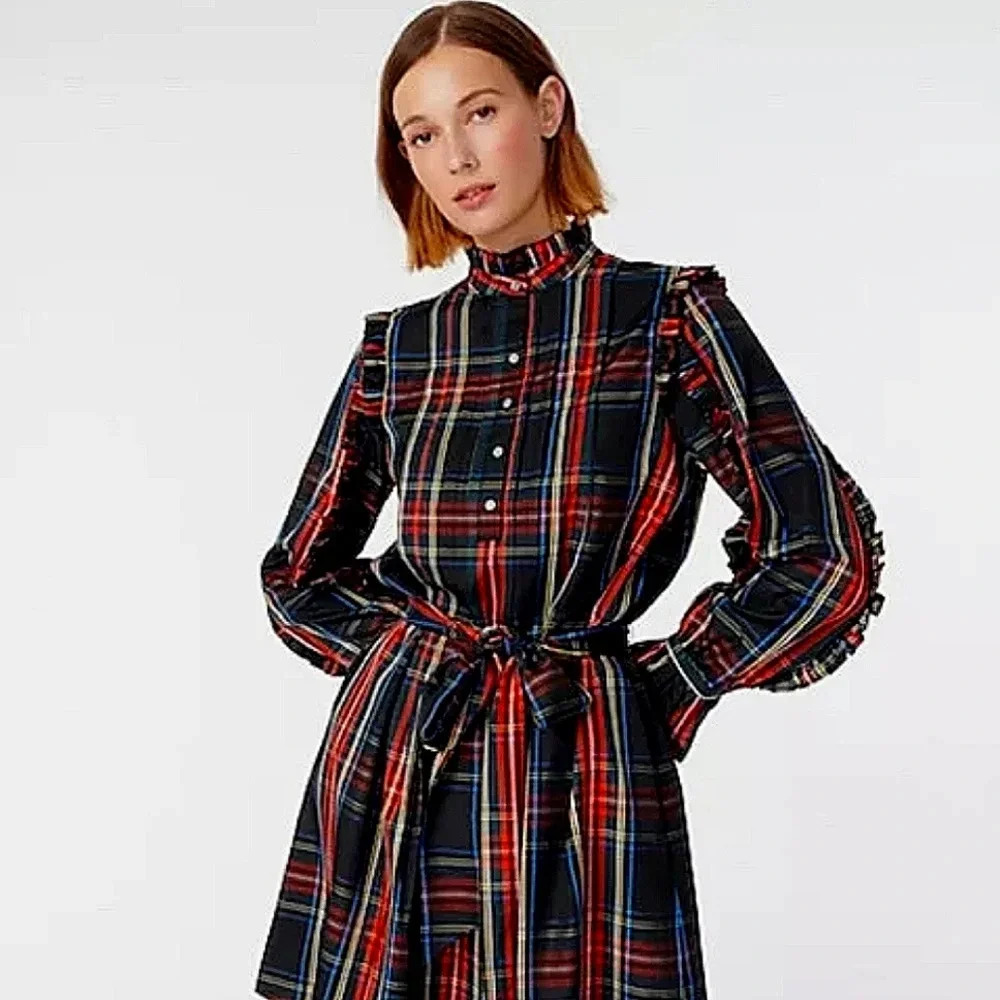 J. Crew Belted ruffle dress in Black Stewart tartan Size Small